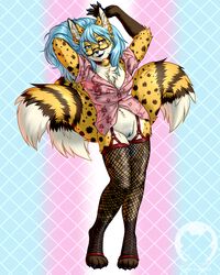 4:5 absurdres aloha_shirt anthro arms_above_head bell blue_eyes blue_hair blue_nose blue_pawpads blue_pussy breasts canid canine cheetah chest_tuft cleavage collar digitigrade eyewear felid feline female fishnet fishnet_legwear fox furry genitals glasses heterochromia highres hybrid lgbt_pride lgbt_pride_colors long_hair mammal multi_tail neko_ed no_underwear pawpads pride_colors pussy red_eyes solo thighhighs tigerinspace trans_woman transfem transgender_pride_colors tuft