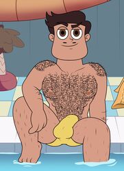 1boy 1male 4_fingers body_hair brown_hair bulge burlydan facial_hair hairy hairy_chest looking_at_viewer male male_focus male_only muscles pool rafael_diaz solo solo_male star_vs_the_forces_of_evil swimsuit