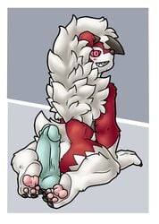 altenusy anthro ass balls border canid canine canis claws clothed clothing digital_media_(artwork) dildo fluffy fur genitals halloween holidays lycanroc male male_only mammal midnight_lycanroc nintendo pokémon_(species) pokemon sex_toy simple_background smile solo video_games were werecanid werecanine werewolf white_body white_border white_fur wolf