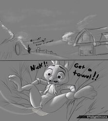 bodily_fluids clothing comic cum cum_in_pussy cum_inside disney english_text female flat_chest fur genital_fluids genitals hi_res judy_hopps lagomorph leporid mammal nick_wilde offscreen_character open_mouth pussy rabbit simple_background solo surprise text twilightchroma zootopia