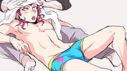 2boys blush boxers boxers_(clothing) bulge danganronpa danganronpa_2:_goodbye_despair den_meka gay gundham_tanaka kazuichi_souda laying_down light-skinned_male light_skin male male_only pink_eyes pink_hair smooth_skin towel towel_on_head undressing yaoi