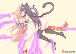 black_hair cat_ears cat_tail catgirl collar fox_ears fox_girl fox_tail kissing kohrean leash oathmeal pink_hair slime_monster tentacle tentacle_grab thick_thighs thighhighs vrchat yuri