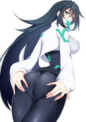 artist_on_twitter ass ass_focus ass_grab black_hair butt_focus butt_grab dat_ass green_eyes kppless long_hair looking_down mei posing simple_background standing tagme tight_fit twitter twitter_username white_background white_clothing