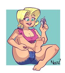 absurd_res absurdres artist_name blonde_hair blue_background breasts chester_mcbadbat cleavage denim_shorts eyelashes eyeliner feet female_focus female_only foot_focus full_body fully_clothed green_eyes hand_on_calf high_resolution highres holding_object long_eyelashes mature_female milf nail_clippers nickelodeon noctz one_foot_raised open_mouth parody pink_clothing pink_lipstick pink_tops posing safe shiny_skin short_hair sitting solo_focus straight_hair the_fairly_oddparents thick_thighs thighs twitter twitter_username white_background white_frame yellow_eyebrows yellow_hair