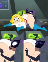 2girls all_fours ass batman_(series) big_ass breast_press catwoman dc_comics dc_super_hero_girls female female_only hand_on_ass kara_danvers kara_danvers_(shg) kara_zor-el kryptonite licking multiple_girls power_girl pyramid_(artist) rape rimjob selina_kyle selina_kyle_(shg) yuri