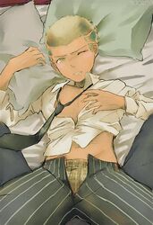 blush boxers boxers_(clothing) buzz_cut danganronpa danganronpa_2:_goodbye_despair first_person_view fuyuhiko_kuzuryuu laying_down looking_at_viewer male male_only on_back one_eye_closed open_clothes open_shirt smooth_skin solo_focus tie unbuttoned unbuttoned_pants unbuttoned_shirt undressing