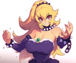 1girls athletic_female big_eyes bowsette brown_eyes chained_wrists cleavage eyelashes eyeshadow fangs female female_only fighting_stance genderswap hourglass_figure light_makeup long_hair looking_at_viewer mario_(series) medallion metata new_super_mario_bros._u_deluxe nintendo puffy_nipples purple_dress shiny_skin simple_background slim_waist smooth_skin solo solo_focus spiked_armlet spiked_collar twitter twitter_username white_background yellow_hair