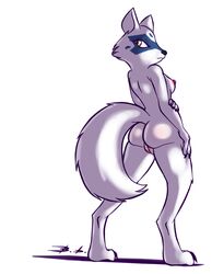 2018 alopex anthro arctic_fox arm_grab ass bassybefuddle black_nose breasts canid canine digital_media_(artwork) facial_markings female fox fur genitals head_markings looking_at_viewer looking_back mammal markings mask_(marking) multicolored_body multicolored_fur nipples nude paws pussy rear_view simple_background solo standing teenage_mutant_ninja_turtles two_tone_body two_tone_fur white_body white_fur yellow_body yellow_fur