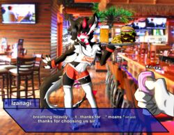 absurd_res alcohol bartender beer beverage black_body black_fur bodily_fluids burger cat_dragon clothed clothing controller crossdressing cum cum_on_ground dating_sim english_text femboy_hooters food fur furry game_(disambiguation) genital_fluids genitals girly hi_res horn hybrid izanagi_rockman looking_pleasured moan penile penis photo_background precum red_horn remote_control ryuzagi sex_toy text vibrator vibrator_on_penis white_body white_fur