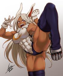 1girls abs absurd_res absurdres airisubaka animal_ear_fluff animal_ears bare_shoulders bare_thighs belly_button big_breasts breasts bunny_ears bunny_girl bunny_tail bursting_breasts busty commentary_request dark-skinned_female dark_skin female female_only gloves gradient_background hi_res highres large_breasts long_hair looking_at_viewer miruko muscle muscles muscular muscular_arms muscular_female muscular_legs muscular_thighs my_hero_academia navel open_mouth open_smile pose posing rabbit_ears rabbit_girl rabbit_tail red_eyes rumi_usagiyama six_pack smile smiling solo solo_female standing tail thick thick_legs thick_thighs thighhighs tight tight_clothing very_long_hair white_background white_hair