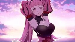 1girls animated armpits arms_behind_head arms_up blush breasts cleavage english_text female fire_emblem fire_emblem:_three_houses funny game_cg good_end hilda_valentine_goneril humor large_breasts lovejinkles meme nintendo oh_these?_(meme) pink_eyes pink_hair profanity solo sound video voice_acted wink