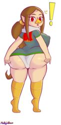 ! ass avian_humanoid beak big_ass big_breasts big_butt bird breasts brown_hair erect_nipples hips large_ass large_breasts long_hair looking_at_viewer looking_back medli mellojellowo nipples_visible_through_clothing obese_female open_mouth panties plain_background pointy_ears ponytail red_eyes shirt simple_background surprised the_legend_of_zelda the_wind_waker thick_ass underwear white_background white_panties wide_hips wind_waker young