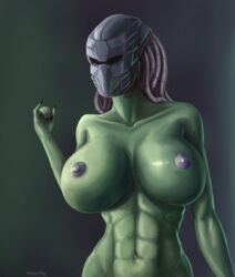 abs alien alien_girl areolae dreadlocks female female_predator female_yautja green_skin huge_breasts mask metal_mask monster_girl muscular naked nipples pokerpig predator predator_(franchise) solo standing yautja