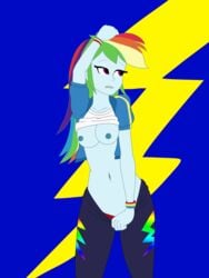 blue_skin breasts equestria_girls multicolored_hair my_little_pony pants_pull purple_eyes rainbow_dash_(eg) rainbow_dash_(mlp) rancidearth shirt_lift smooth_skin standing