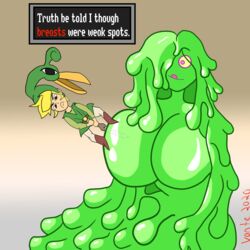 big_breasts blonde_hair dialogue link monster_girl purple_eyes see-through slime slime_girl smile sword the_legend_of_zelda toon_link vontesofine69