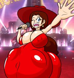 1boy 2girls bursting_breasts clothed huge_belly huge_breasts mario mario_(series) mr.casino nintendo nipple_bulge pauline safe_vore singing super_mario_odyssey vore