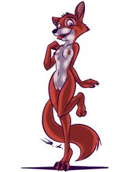 2018 anthro bassybefuddle black_nose breasts canid canine countershade_face countershade_torso countershading digital_media_(artwork) disney female fox fur genitals hand_on_breast looking_at_viewer maid_marian mammal multicolored_body multicolored_fur navel nipples nude on_one_leg open_mouth paws pussy red_body red_fur robin_hood_(disney) simple_background smile solo standing teeth two_tone_body two_tone_fur white_body white_fur