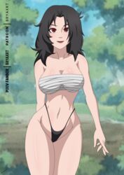 1girls aged_down bandages bare_shoulders black_hair black_thong bryaxrt cleavage curvy dark_hair female female_only kurenai_yuhi lipstick long_hair looking_at_viewer makeup naruto naruto_(classic) naruto_(series) nature navel outdoors pale-skinned_female panties purple_eyeshadow red_eyes red_lips red_lipstick smile smiling solo thin_waist thong thong_panties underwear wide_hips yuuhi_kurenai