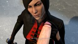 1boy 1girls 3d batman batman:_arkham_origins batman_(series) big_penis black_hair brown_eyes bruce_wayne clothed_female comic dc dc_comics dialogue erect_penis female female_focus gloves huge_cock imminent_fellatio lady_shiva lady_shiva_(arkham_origins) light-skinned_male light_skin looking_at_viewer male male_pov on_knees pov_eye_contact sandra_wu-san sfmjake short_hair straight