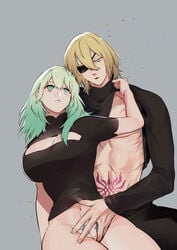 1boy 1girls byleth_(fire_emblem) byleth_(fire_emblem)_(female) cleavage crest_(fe3h) dimitri_alexandre_blaiddyd emcgame fire_emblem fire_emblem:_three_houses green_eyes green_hair large_breasts nintendo pubic_tattoo straight tattoos