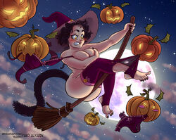 1girls ass breasts broom broom_riding broomstick embarrassed female halloween jack-o'-lantern torn_clothes witch yakoalyarin