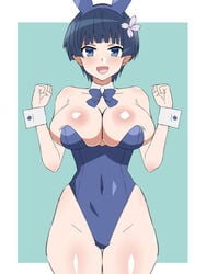 1girls blue_hair blush bunnysuit cleavage clothing flower kagemusha large_breasts senran_kagura senran_kagura_(series) short_hair solo sweat yozakura_(senran_kagura)