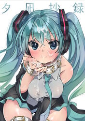 absurdres aqua_eyes bare_shoulders belt_collar black_legwear blush breasts collar collarbone covered_nipples cum cum_on_body cum_on_clothes cum_on_hair detached_sleeves facial female green_hair hair_ornament hatsune_miku highres large_breasts long_hair looking_at_viewer necktie sitting skirt sleeveless solo thighhighs thighs translation_request twintails very_long_hair vocaloid white_background yuunagi_show