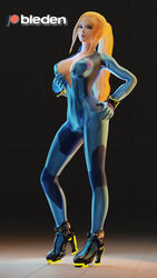 3d big_breasts bleden blonde_hair bodysuit detailed high_heels metroid nintendo open_bodysuit open_clothes ponytail samus_aran seductive shiny_clothes tight_clothing unzipped unzipped_bodysuit unzipped_zero_suit wallpaper watermark zero_suit zero_suit_samus