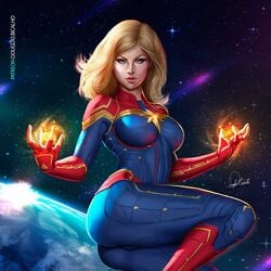 1girls ass blue_bodysuit captain_marvel carol_danvers douglas_bicalho female female_only human human_only light-skinned_female light_skin marvel marvel_cinematic_universe solo solo_female space superheroine tight_clothing tight_fit voluptuous wide_hips