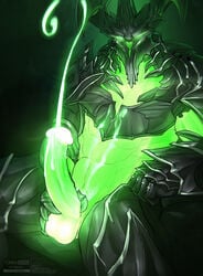 2019 abs absurd_res armor balls bodily_fluids clothed clothing colored cum cum_on_self cumshot demon dhuum_(guild_wars) digital_media_(artwork) ejaculation erection gauntlets genital_fluids genitals gloves glowing glowing_body glowing_cum glowing_eyes glowing_genitalia glowing_penis green_body green_skin guild_wars handwear headgear hi_res humanoid humanoid_genitalia humanoid_penis male male_only muscular muscular_humanoid muscular_male partially_clothed pauldron penis shaded solo text todex unusual_cum url video_games watermark