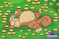 eating fat female female_only food fur furry krabby_patty momokarin01 obese obese_female overweight overweight_female pussy sandy_cheeks smooth_fur spongebob_squarepants squirrel