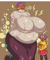 2girls ambiguous_gender bbw big_breasts blush chubby clothed dark-skinned_female dark_skin elf_ears fart female h_hiroma huge_breasts japanese_text kokuko_(tsukiyotake) large_breasts looking_at_viewer maou11 milf nipple_bulge pointy_ears size_difference skirt smile sweater thighhighs turtleneck wink