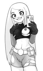 1girls belt blonde_hair boots clothing dc dc_comics female female_focus female_only footwear gloves handwear human kickmove monochrome nipple_piercing selfie solo superheroine tara_markov teen_titans terra terra_(dc) torn_clothes