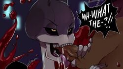 biting blood blowjob dark-skinned_male eliza_(skullgirls) fellatio kinjero sekhmet skeleton skullgirls teeth text tongue unseen_male_face yellow_eyes