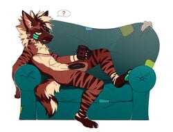 annoyed anthro ari_(arihyena) beverage coffee coffee_mug cup eihman furniture genitals hi_res humanoid_genitalia humanoid_penis hyaenid lazy lying male male_only mammal nude on_back penis sofa solo striped_hyena tired