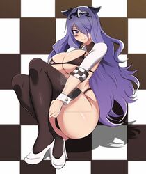 ass atago_(stunning_speedster)_(azur_lane)_(cosplay) azmiyudista big_breasts bikini breasts brown_eyes cameltoe camilla_(fire_emblem) checkered checkered_background closed_mouth cosplay female fire_emblem fire_emblem_fates fire_emblem_heroes highres large_ass large_breasts looking_at_viewer micro_bikini nintendo purple_hair race_queen sideboob sleeve_cuffs smile solo thighhighs underboob