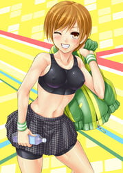 ayato bike_shorts clothing nipple_bulge persona persona_4 satonaka_chie short_hair sports_bra sweat tomboy very_short_hair