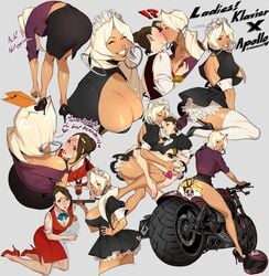 2girls apollo_justice ass blonde_hair blush brown_hair censored cleavage cranneo dark-skinned_female dark_skin earrings female female_only gyakuten_saiban height_difference hoop_earrings klapollo klavier_gavin large_breasts maid maid_uniform nonude ring rule_63 thumb_ring waitress