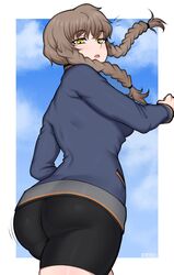 1girls afrobull amane_suzuha ass big_butt bike_shorts braided_hair brown_hair disgusted from_below fully_clothed looking_over_shoulder outdoors round_butt solo spats steins;gate thick_ass tight_clothing tight_pants tomboy track_jacket twin_braids yellow_eyes