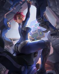 artist_request athletic athletic_female blue_bodysuit blue_eyes bo_xun_lin buttons fantasy female female_focus female_only muscular_female open_mouth pink_hair sci-fi ship short_hair sideboob tagme_(character) thick_thighs toned_female