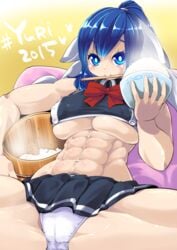 abs artist_request big_breasts blue_eyes blue_hair fat_mons muscular_female panties pantyshot red_bow rice rice_bowl skirt spread_legs tight_clothing tight_underwear underboob white_panties