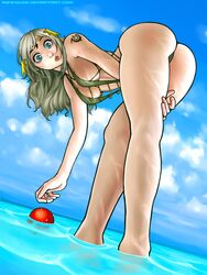 absurdres ahoge ass bent_over big_ass blonde_hair blue_background blue_eyes breasts circlet closed_mouth day female fire_emblem fire_emblem_fates fire_emblem_heroes highres holding_leg long_hair medium_breasts nintendo one-piece_swimsuit ophelia_(fire_emblem) ronindude slingshot_swimsuit swimsuit thong_bikini water