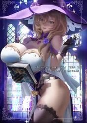 1girls animated big_breasts blonde_hair blue_eyes book bouncing_breasts cleavage female female_only genshin_impact gloves green_eyes hat large_breasts lisa_(genshin_impact) looking_at_viewer sakimichan shorter_than_30_seconds solo sound thick_thighs thighhighs video wide_hips witch_hat