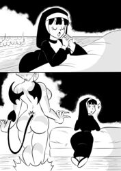 2girls ass bed bedroom bulma_briefs chichi comic devil_tail devil_wings dragon_ball dragon_ball_z funsexydragonball looking_back majin_mark monochrome nun nun's_habit praying shounen_jump succubus tail wings