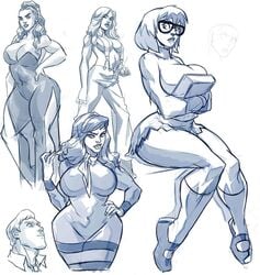 1boy abs artist_request athletic athletic_female big_breasts cleavage daphne_blake dat_ass eddie_nunez glasses hand_on_hip hanna-barbera hourglass_figure impossible_clothes instagram kickstarter looking_at_viewer mature_female milf miniskirt model model_sheet modeling monochrome multiple_girls multiple_images multiple_views nerd nerdy_female no_color posing puffy_lips rough_sketch scooby-doo shirtless short_hair sitting sketch sketch_page sketchbook skirt suspenders thick_calves thick_thighs tied_hair tight_clothing tight_dress tight_fit topless_female v_shape velma_dinkley wide_hips