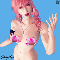 belly_button blue_eyes derangedgod eclair_farron final_fantasy final_fantasy_xiii fingers flower lightning_returns:_final_fantasy_xiii necklace petite pink_hair small_breasts teenager tongue_out xps