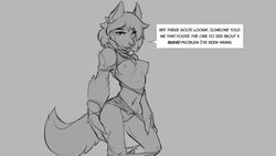 after_transformation anthro big_breasts breasts canid canine canis clothing dialogue english_text female fur genitals grey_background hair looking_at_viewer maku_(maku450) mammal monochrome nipples nude pussy simple_background solo speech_bubble talking_to_viewer text torn_clothing watsup wolf