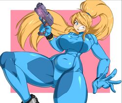 1girls andy_(artist) angry artist_on_twitter athletic athletic_female blue_bodysuit blue_eyes blue_hairband fangs female female_focus female_only fighting_stance gun high_resolution highres holding_gun holding_weapon metroid metroid_prime midriff nintendo official_mossy one_eye_covered pink_background samus_aran sci-fi scifi shiny_suit simple_background solo teeth_clenched thick_thighs tied_hair tight_clothing tight_fit toned_female white_frame yellow_hair