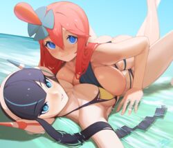 2girls alternate_breast_size ass beach big_breasts bikini black_hair blue_eyes blush breast_press breast_to_breast breasts clothing elesa_(pokemon) elesa_(pokemon_bw2) eye_contact female headphones high_resolution huge_breasts human komadera long_hair looking_at_viewer lying_on_another nintendo pale_skin pokemon pokemon_bw red_hair skyla_(pokemon) smile thighs water