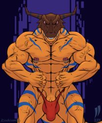 1boy abs anthro bara bulge ceratosaur ceratosaurid ceratosaurus clothing digimon digimon_(species) flexing genitals greymon hi_res iudicium86 male male_only muscular nipple_piercing nipples pecs penis piercing red_underwear solo thong underwear vein